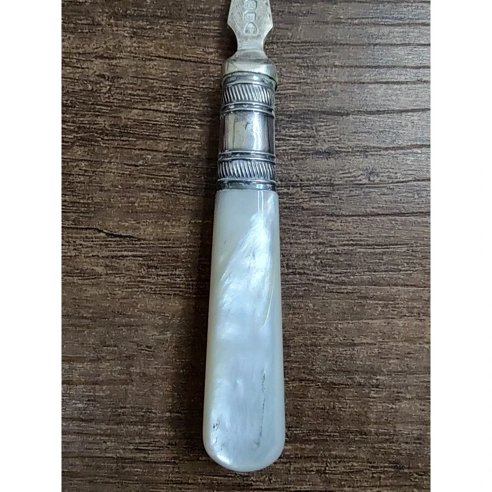 Antique EPNS Fish Serving Fork Mother of Pearl Handle Sterling Collar Engraved